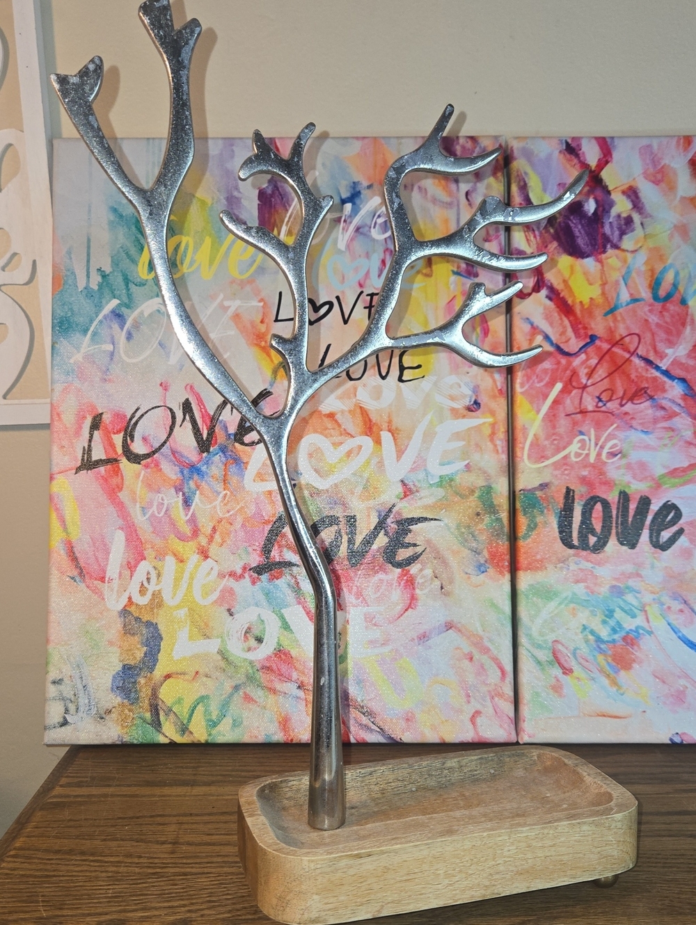 Silver Tree Jewelry Organizer on Wooden Base